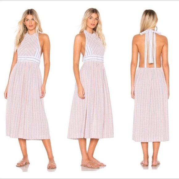 Free People Color Theory Halter Backless Plaid Boho Midi Dress NWT Size XS - Picture 2 of 11